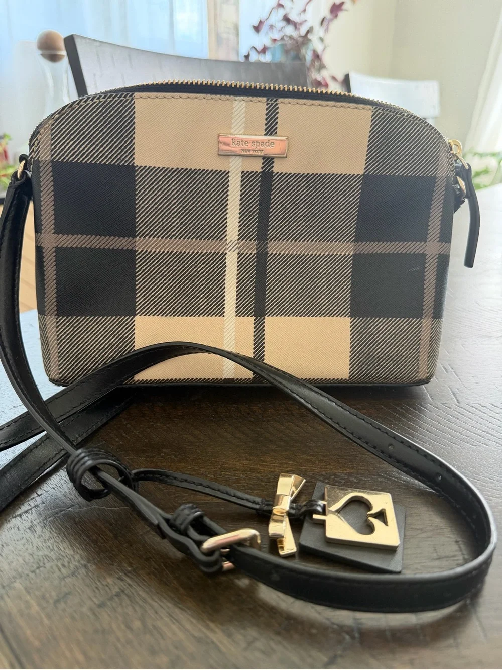 kate spade Black & Cream Plaid Dome Crossbody with Gold Hardware
